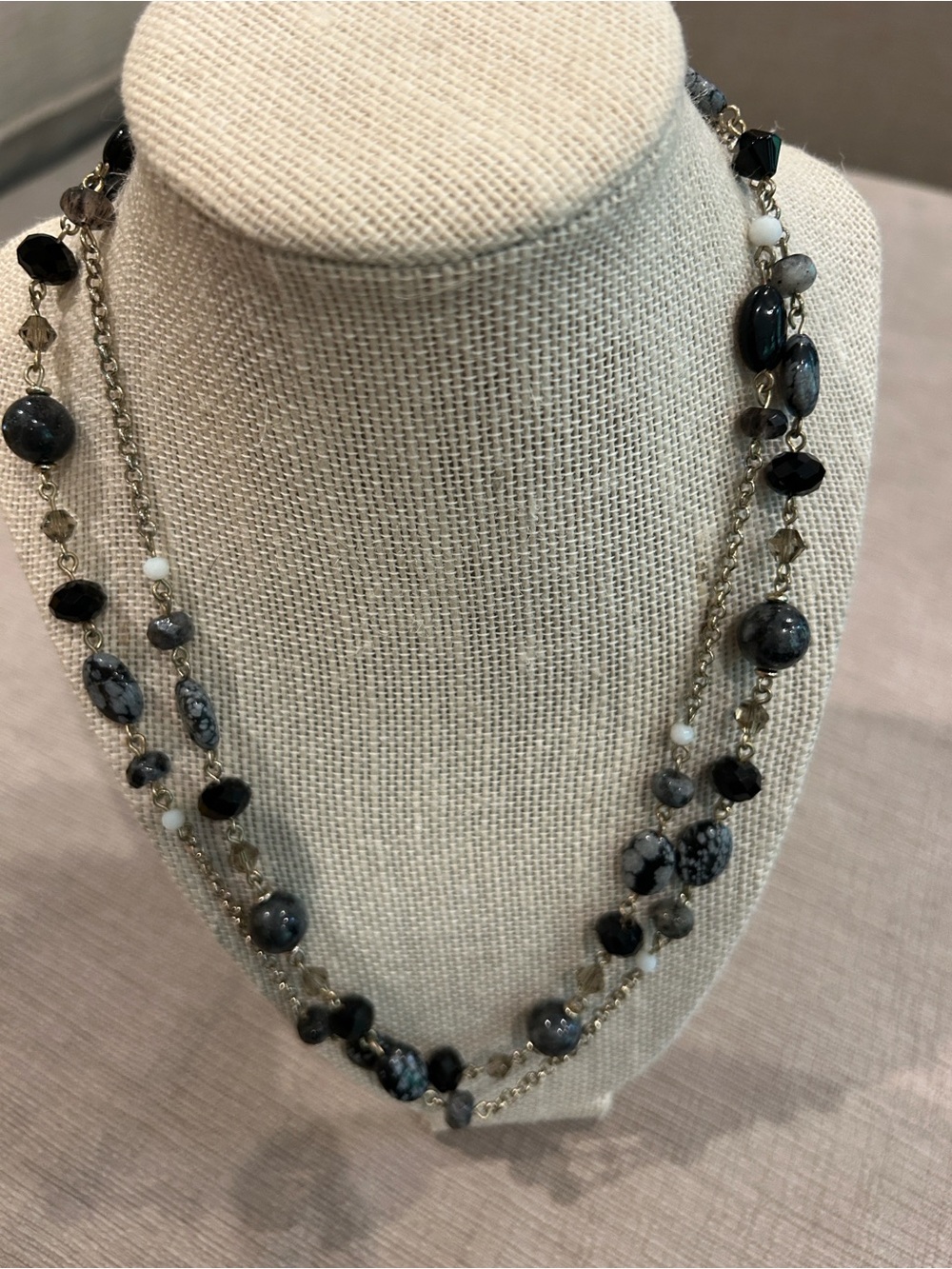 Talbots Multi-Strand Black snowflake obsidian stone and Gray Beaded necklace